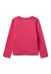 Langärmliges T-Shirt aus leuchtend pinkem Baumwollstoff. Rundhals mit geripptem Saum, Flatlock-Nähten und ohne sichtbare Etiketten. Glatte Textur.