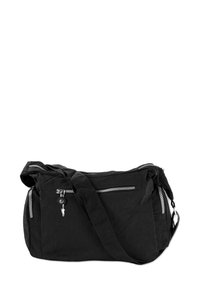 Zwarte stoffen schoudertas met een rechthoekige vorm, voorzien van meerdere ritszakken, een lange schouderband en strakke zilveren hardware-accenten.