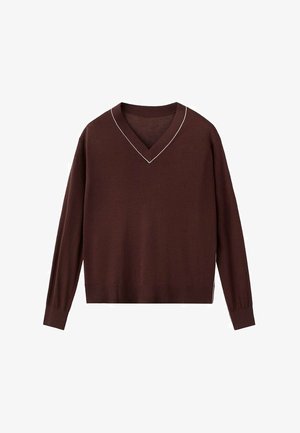 Brown v-neck sweater with long sleeves, made from smooth fabric. Features a contrasting white trim along the neckline.