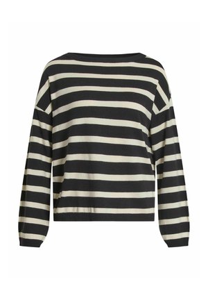 Zwart en crèmekleurig gestreepte trui met een brede halslijn, lange mouwen en een ribgebreide zoom. Zachte textuur met een ontspannen pasvorm en een horizontaal patroon.