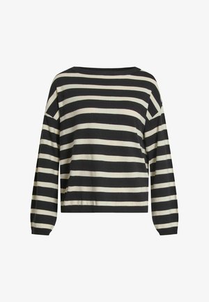 Juodas ir kreminės spalvos dryžuotas megztinis su plačia apykakle, ilgomis rankovėmis ir suglebusi kaklo linija. Švelni tekstūra, laisvas kirpimas ir Horizontalus raštas.