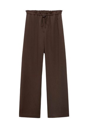Bruna vida byxor med elastisk midja och snörning. Mjuk tyg, minimal textur och inga synliga knäppningar eller mönster.