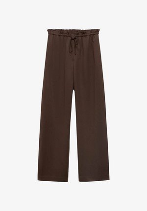 Rjave hlače širokega kroja z elastičnim pasom in vrvico. Mehka tkanina, minimalna tekstura in brez vidnih zadrg ali vzorcev.
