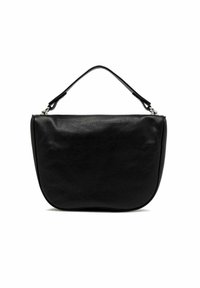 Borsa a tracolla in pelle nera con una forma curva, un manico superiore singolo e superficie liscia. Presenta accessori in argento per la chiusura.