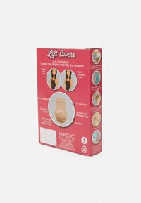 A Lift Covers termékcsomagolása, amelynek rózsaszín háttérrel, illusztrációkkal és a funkcióját részletező szöveggel van díszítve. A tervezés kiemeli a két ragadópadot.