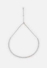 Sølv choker halskæde med en buet design prydet med små runde og rektangulære rhinsten, sikret med en justerbar kædeklips.