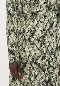Grønn og beige mønstret kjole med slangeskinn-design, lange ermer, knappestengt og teksturerte detaljer.