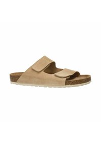 Sandali scivolati in suede beige con due cinghie regolabili in Velcro. Fondo in sughero e suola leggera in gomma bianca. Design ovale con punte aperte.