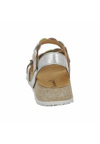 Mehrfarbige Sandalen mit einem silbernen Metallriemen, weichem Fußbett und einer strukturierten, beigen, ausgestellten Sohle. Zwei verstellbare Schnallenverschlüsse.