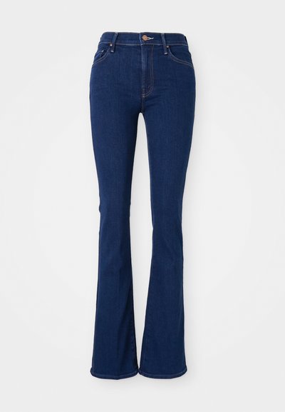 Flared dark blue jeans in cotton denim, high-waisted with five pockets, subtle stitching details, and a smooth finish.