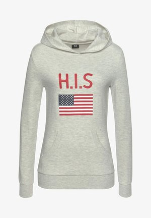Light grey hoodie featuring a front kangaroo pocket, drawstring hood, red "H.I.S" text, and an American flag graphic.
