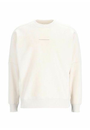 Cremefarbener Pullover aus strukturiertem Stoff, mit Rundhalsausschnitt, abgefallenen Schultern und einem minimalistischen horizontalen Designdetail auf der Vorderseite.