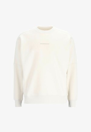 Sudadera color crema con tejido texturizado, cuello redondo, hombros caídos y un detalle de diseño horizontal minimalista en la parte frontal.