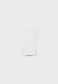 White, fitted short-sleeve top made of smooth fabric. Round neck, minimal design, and slightly curved hem at the back.