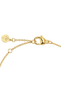Gold metal chain bracelet with a lobster clasp and a circular tag, featuring a smooth texture and intricate link design.