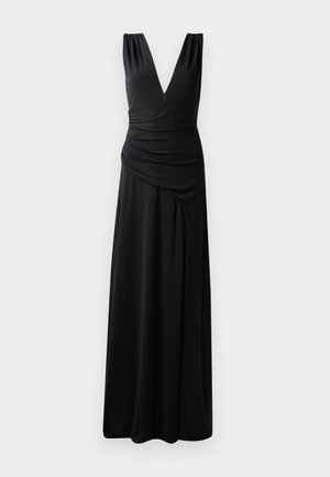 Robe maxi noire sans manches avec un décolleté en V plongeant, des épaules froncées et un détail drapé sur le côté pour une silhouette élégante. Fabriquée en tissu extensible et lisse.