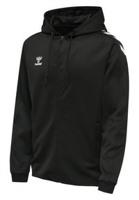 Felpa nera con zip realizzata in tessuto sintetico morbido. Presenta una zip frontale, tasche laterali e un logo bianco sul petto e sulle maniche.