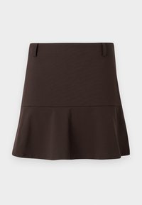 Brown flared mini skirt made of smooth fabric, featuring a fitted waist and subtle stitching details. Simple design with no patterns.