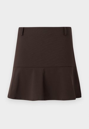 Brauner ausgestellter Minirock aus glattem Stoff, mit tailliertem Bund und dezenten Nahtdetails. Schlichtes Design ohne Muster.