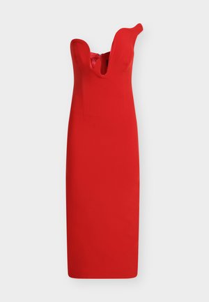 Robe rouge ajustée avec un décolleté plongeant en V et une coupe fuselée. Confectionnée dans un tissu lisse, dotée d'une fermeture éclair au dos et d'une structure définie.