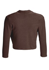 Pull court marron à manches longues avec un col rond vu de dos sur fond blanc.