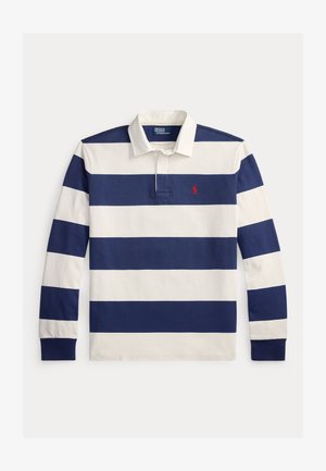 Koszulka polo z długim rękawem w granatowo-białe paski, z klasycznym kołnierzykiem i małym czerwonym logo na piersi. Wykonana z bawełny.