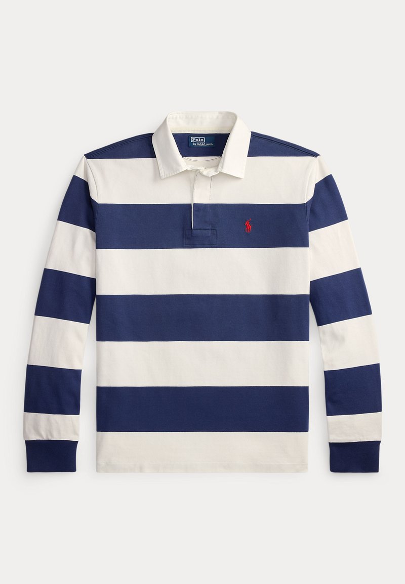 Long-sleeve polo shirt in navy and white stripes, featuring a classic collar and a small red logo on the chest. Made of cotton.
