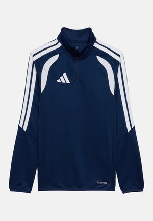 Tengerészkék hosszú ujjú sportpulóver fehér csíkozással az ujjakon, negyed cipzáros gallérral és fehér Adidas logóval a mellkason.