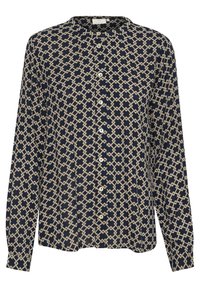 Chemise à manches longues de couleur bleu marine avec un motif géométrique crème. Dotée d'un boutonnage à l'avant et d'un col arrondi ; texture légère.