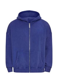 Sweat-shirt à capuche zippé en bleu profond, doté d'une grande poche avant, de poignets élastiques et d'une coupe décontractée.