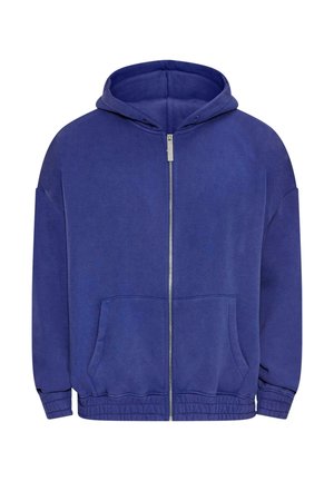 Kapuzensweatshirt mit Reißverschluss in Dunkelblau, ausgestattet mit einer geräumigen Vordertasche, elastischen Bündchen und einem lockeren Schnitt.