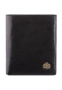 Black leather wallet with a smooth texture. Features a gold-tone emblem on the bottom right. Compact rectangular shape with stitched edges.