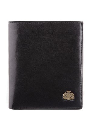 Black leather wallet with a smooth texture. Features a gold-tone emblem on the bottom right. Compact rectangular shape with stitched edges.