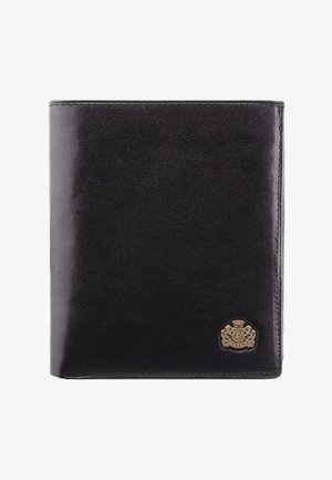 Portafoglio in pelle nera con una texture liscia. Presenta un emblema dorato nell'angolo in basso a destra. Forma rettangolare compatta con bordi cuciti.