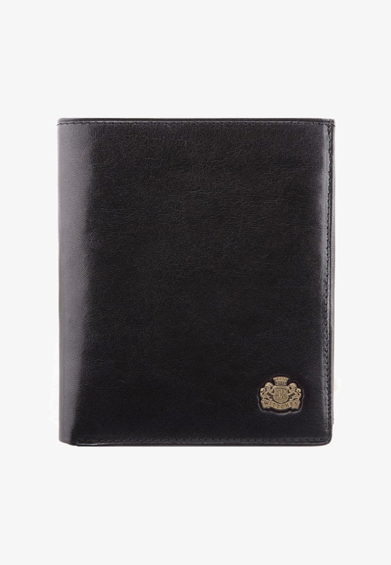 Czarny skórzany portfel o gładkiej fakturze. Posiada złotą emblemat na dolnym prawym rogu. Kompaktowy prostokątny kształt z przeszytymi brzegami.