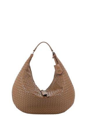 Brown woven leather handbag with a rounded silhouette, large shoulder strap, zip closure, and a small tag featuring the brand logo.