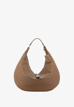 Brown woven leather handbag with a rounded silhouette, large shoulder strap, zip closure, and a small tag featuring the brand logo.