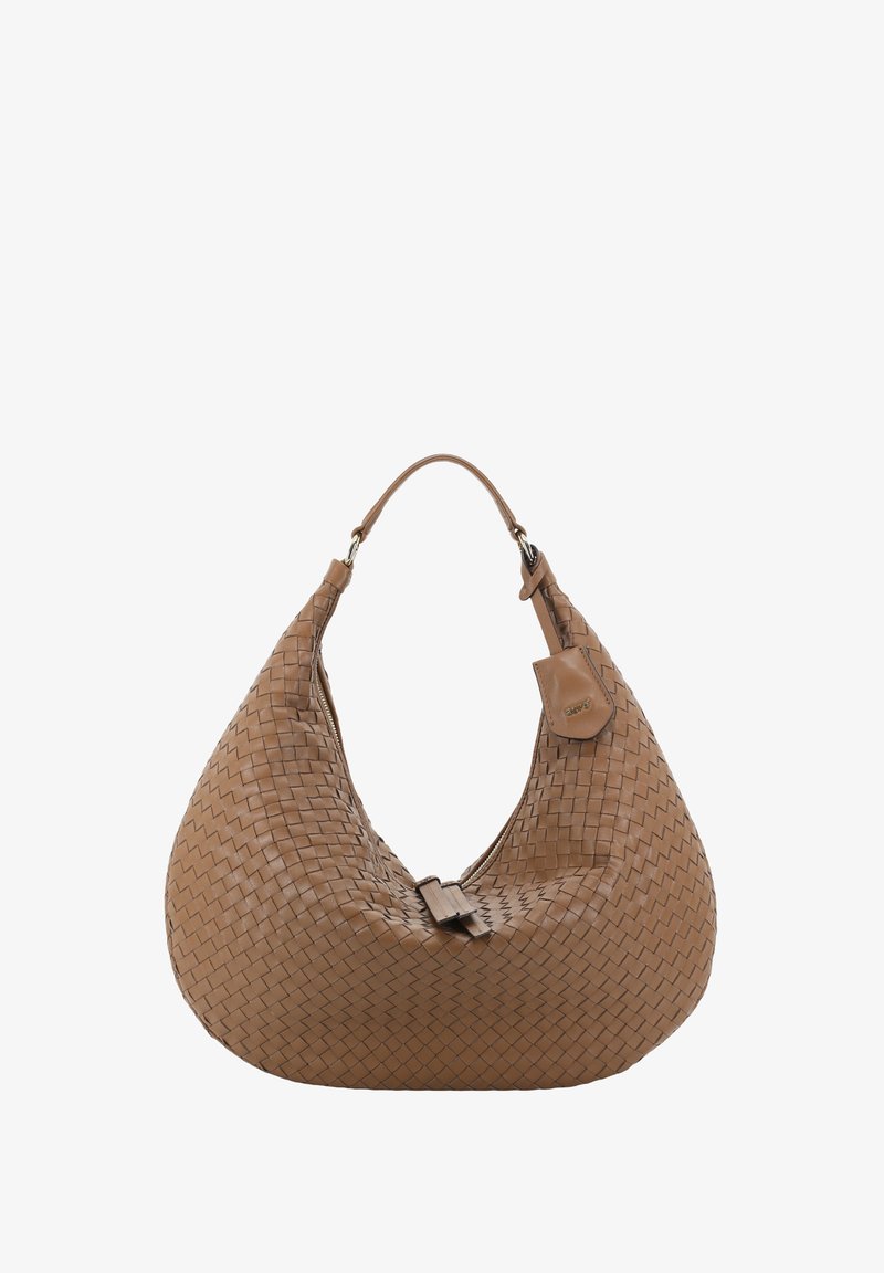 Brown woven leather handbag with a rounded silhouette, large shoulder strap, zip closure, and a small tag featuring the brand logo.