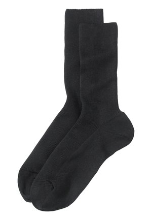 Schwarze Baumwollsocken mit einem gerippten Muster, Knöchelhöhe und verstärkter Spitze sowie Ferse für Langlebigkeit. Keine sichtbaren Muster oder Akzente.