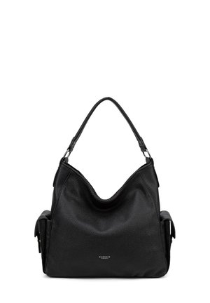 Borsa a tracolla in pelle nera con superficie texture, parte superiore arrotondata e due tasche laterali. Presenta una sola tracolla e un logo discreto sul davanti.