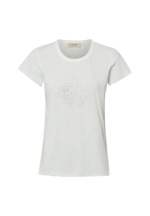 T-shirt blanc à manches courtes pour femme avec un col rond et un motif décoratif discret en forme de losange au centre.