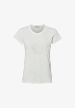 Wit dames T-shirt met korte mouwen, een ronde hals en een subtiel diamanten decoratief patroon in het midden.