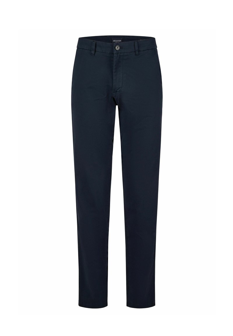 Marineblauwe chino's van katoen, met een knoopsluiting, riemlussen en een rechte pijp. Glad textuur met minimale details.