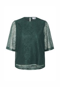 Top en dentelle verte avec des manches courtes et transparentes, doté d'un col rond et d'un détail dos en trou de serrure. Motif texturé sur l'ensemble du tissu.