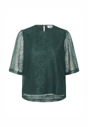 Groene kanttop met korte, doorzichtige mouwen, voorzien van een ronde halslijn en een sleutelgatdetail aan de achterkant. Textuurpatroon door de hele stof.