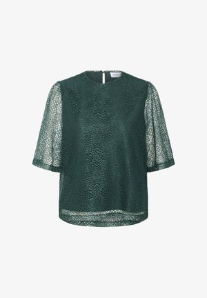 Zöld csipke felső rövid, áttetsző ujjakkal, kerek nyakkivágással és kulcslyuk hátrész részlettel. A szöveten texturált minta található.