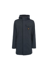 Marineblauwe waterdichte parka-jas met capuchon, voorrits en drukknoopborstzak. Beschikt over een gestructureerde binnenvoering en zijzakken.