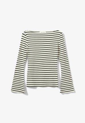 Pikkade varrukatega pluus, millel on helevalge alus ja mustad horisontaalsed triibud. Disainil on paadikujuline kaelus ja lehvikukujulised varrukad. Pehme kangapinna tekstuur.