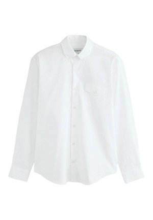 White long-sleeve button-up shirt with collar, single chest pocket, and buttoned cuffs, displayed on a plain white background.