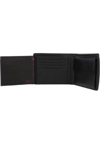 Portafoglio in pelle nera aperto, con sei slot per carte, una finestra trasparente per l'ID e una texture liscia. L'interno presenta una fodera a motivo sottile.